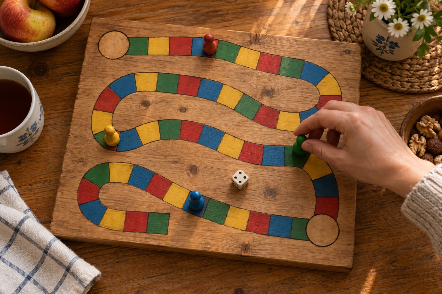 A hand moving a green pawn along a painted wooden game board with a winding track of colored squares.