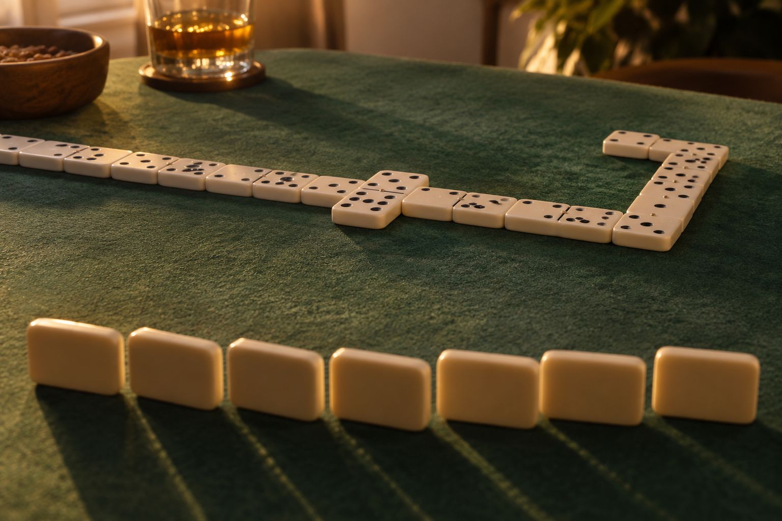 A line of dominoes on green felt, with a player's tiles standing on edge in front.